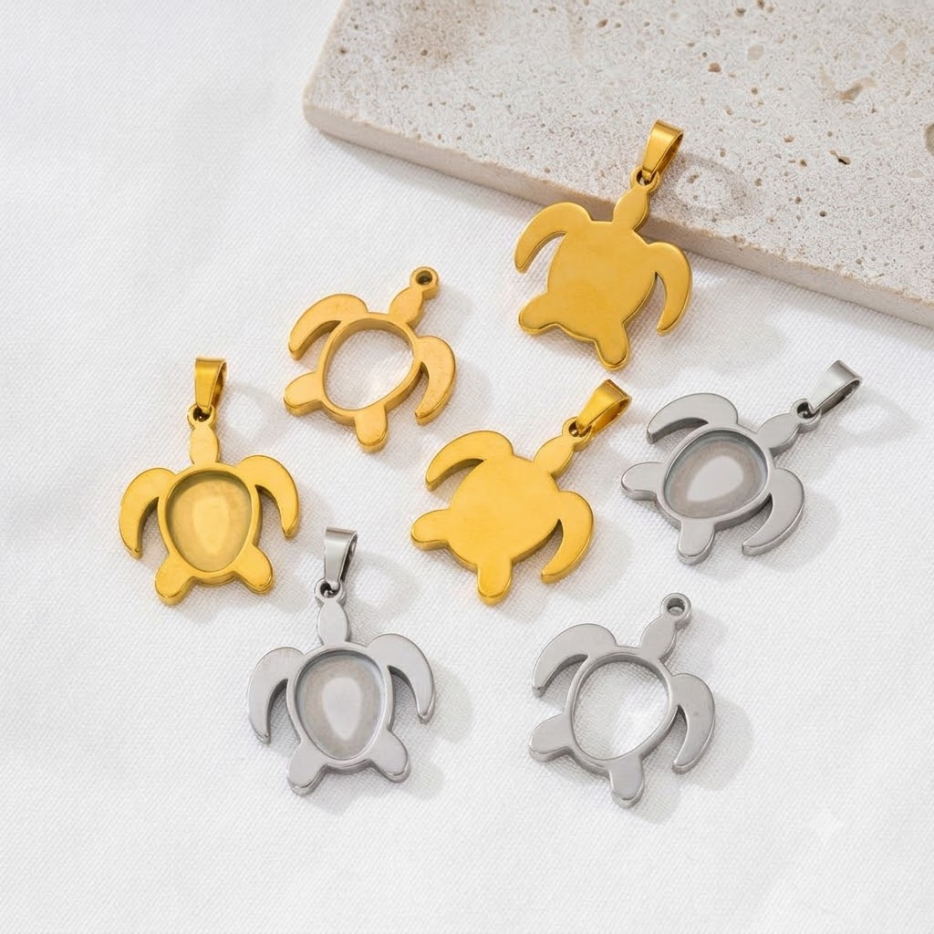 Bezels Set Pendant - 5 adet/Lot Paslanmaz Çelik Kaplumbağa Kabochon